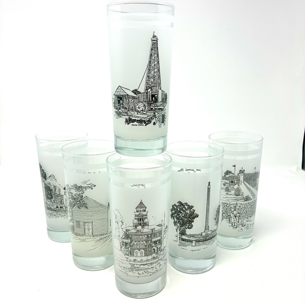 Shell Vintage Texas 150th Anniversary Sesquicentennial Frosted Glasses Landmarks